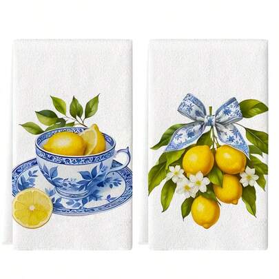 2pcs Set, Bowknot & Lemon Tree Print Microfiber Absorbent Dish Towels, Modern Kitchen Cleaning Rags, Cooking Baking Tea Towels, Dish Cloths, Super Soft & Highly Absorbent, Kitchen Decor, Neighbor/Mom/Birthday Gifts, Housewarming Presents For Friends, Kitchen Accessories, Household Essentials