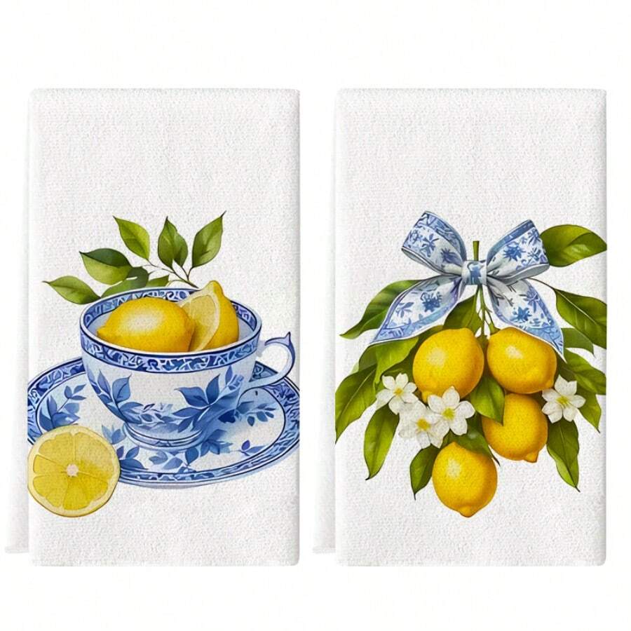 2pcs Yellow Lemon Tree Potted Plant Print Towels, 40cm*60cm Microfiber Modern Absorbent Cleaning Cloths, Cooking Baking Tea Towels, Dishcloths, Hand Towels, Super Soft, High Absorbency, Kitchen Decor, Neighbor Gift, Mom Gift, Birthday Gift, Sweet Housewarming Gift For Friends, Kitchen Accessories, Daily Necessities, Life Essentials