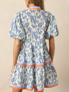 Women Y2K Babydoll Mini Dresses V Neck Puff Sleeve Short Dress Beach Sundress - Màu xanh nhạt - Xem 4