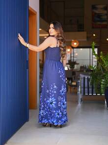 Women's Long Lastex Dress With Tie Straps - 藏蓝色 - 查看 4
