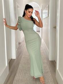 Summer Elegant One Shoulder Green Maxi Long Dress For Women Ruffle Embellished Dress Wedding Evening Cocktail Party Dress Sexy