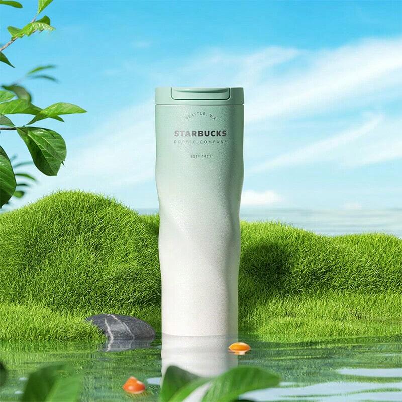 Starbucks Termos cu capac rabatabil, verde mentă, gradient, 473 ml, din oțel inoxidabil 316, de lungă durată, cu conservare a căldurii/recelui, cu deschidere cu un singur buton și etanșă, în stil interior