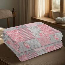Juego de edredón de 2/3 piezas con estampado floral de patchwork cuadrado rosa (1 edredón + 1/2 fundas de almohada), 100 % microfibra, juego de colcha con estampado de rayas pequeñas y patrón combinado de varios elementos, antideslizante y lavable a máquina, juego de edredón de verano, decoración de habitación - flores rosas - Ver 7
