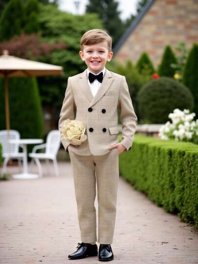 三件套男童西装套装，新款花童婚礼正式服装，适合幼儿、小童、大童、青少年穿着的演出服，包含西装外套、裤子和领结。