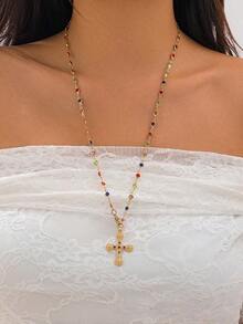 1pc Fashionable Luxury Cross Pendant Niche Personalized Multi-Layer Sweater Chain Necklace For Women, Suitable For Halloween Decoration And Wear, Pirate Accessory Cross Multi-Layer Necklace - Yellow Gold - View 5