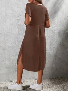 Women's Solid Color Pocket Split Hem Casual T-Shirt Dress For Date Night - Coffee Brown - View 2