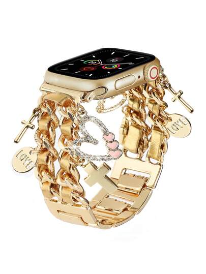 1PC Golden Lovely Double Leather Chain With Love Pendant Metal Strap 38/40/41/42mm 42/44/45/46/49mm Compatible With Apple Watch Ultra 2/SE/10/9/8/7/6/5/4/3/2/1