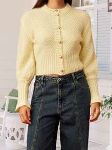 Women's Crew Neck Solid Color Button-Up Cardigan Sweater, Long Sleeve Fall Winter Knit Open Front Cozy Tops