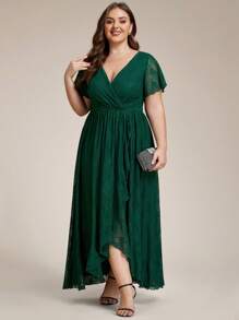 Plus Size V Neck Short Sleeves Pleated High Low Mother Of Bride Lace Dresses