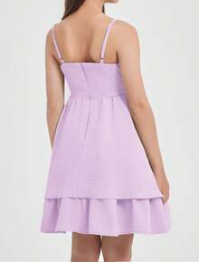 EXARUS Girls Flowy Ruffled Hem/Puff Bubble Dress Teen Ruched Summer Adjustable Spaghetti Strap Casual Cami Mini Dresses - Tím hoa oải hương - Xem 4