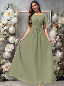 Volly Toych Elegant Matcha Green Long Bridesmaid Dress, Round Neck Ruffle Short Sleeve, Flowing Chiffon Fabric, Suitable For Weddings - Matcha - View 4