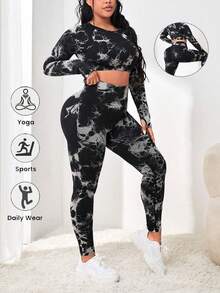 XianBinXiu 1 套扎染瑜伽裤和紧身舒适健身上衣，加大码女式运动套装，适合健身和跑步 - 彩色 - 查看 3