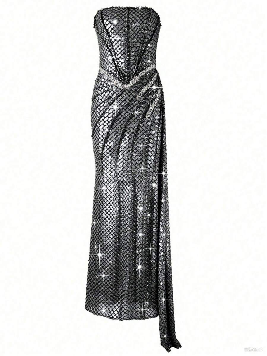 La nouvelle robe de soirée/bal des finissantes pour femmes Astony One présente un design sexy et mature, avec un patchwork séquiné et une coupe fendue haute sans bretelles