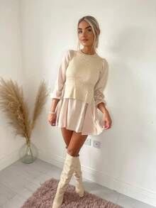 纯色休闲优雅罗纹针织连衣裙，适合婚礼 - 米色 - 查看 1