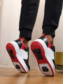 1 Pair New Hook And Loop Kids Shoes, Black Lace-Up Design, TPR Thick Sole, Black White Red, Single Row Single Wheel, Leather Red Heel Strap, Round Toe Low-Top, Waterproof, Children Sports Shoes, Suitable For Indoor/Outdoor, All Season, Girls/Boys Roller Skate Shoes, Fashion & Comfortable LC183 - black red - View 3