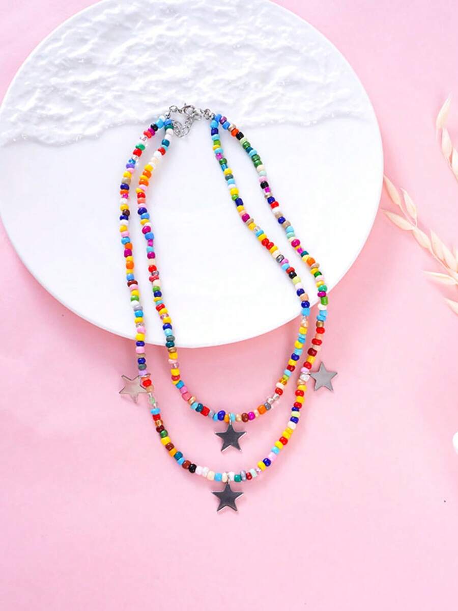 1 件不锈钢星星和月亮彩色串珠项链，波西米亚双层项链，适合女士日常佩戴 - 星星月亮 - 查看 1