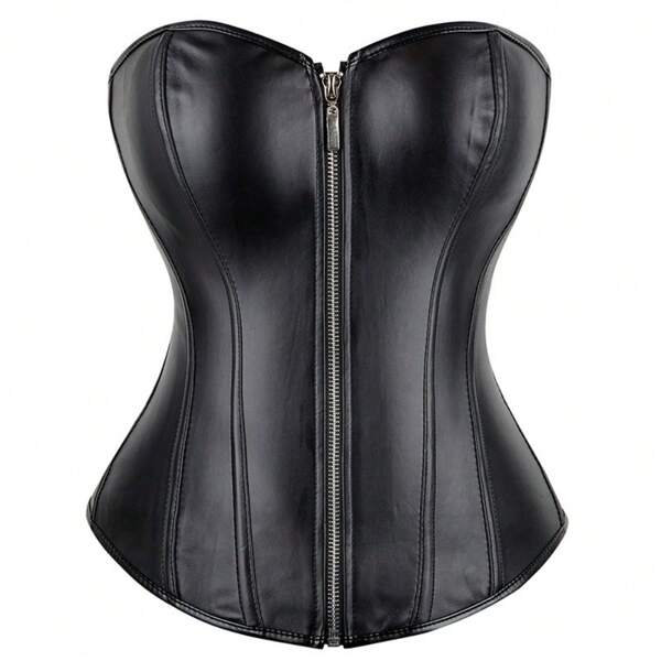 1pc Women's Leather Bustier Corset, Zip-Up Lace-Up Waist Cincher Shapewear, Suitable For Daily Wear And Halloween