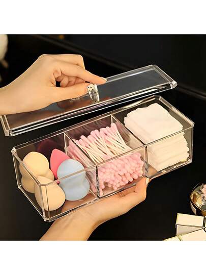 亚克力化妆品收纳盒，透明带盖，防尘，可自由拆卸和堆叠，化妆品收纳盒和抽屉方便使用。化妆品收纳托盘适用于棉签、圆垫、化妆品、珠宝、浴室用品等。