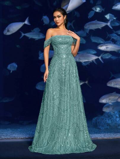 Faeriesty Haute Glamour Gorgeous Beaded Sequined Evening Gown With Off-Shoulder & Floor-Length Flow - Shimmering Underwater Fantasy Dress For Oceanfront Fashion Shows, Luxury Parties & Aquatic Editorials