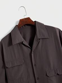 男士夏季短袖衬衫，新款立领休闲时尚多口袋纯色工作服衬衫