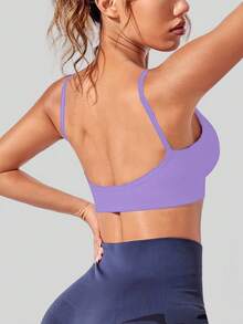 Áo bra thể thao nữ màu trơn, kiểu dáng racerback, không đường may, thoải mái, dây mỏng, cổ chữ V gợi cảm, thích hợp mặc hàng ngày, tập yoga mùa xuân. - Màu tím - Xem 3