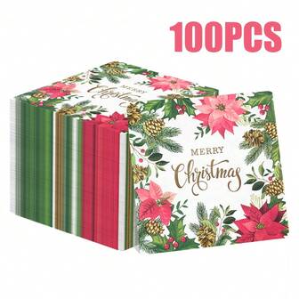 100/60/20 件 13 * 13 英寸一次性圣诞主题餐巾，带有红色和绿色印花图案，适合节日聚会、圣诞派对、新年和冬季主题派对、西餐厅、咖啡厅等