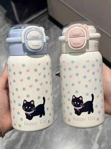1 pieza Botella de agua para estudiantes, vaso aislado con doble pajita para niños, diseño lindo de estrella, planeta y gato negro, termo portátil de alta calidad