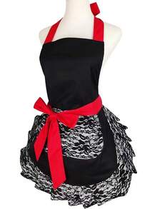 Black Lace Flirty Apron With Pocket, Retro Cooking Aprons Women - 黑色蕾絲 - 查看 4