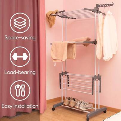 Three Tier Drying Rack With Adjustable Rolling Bar, Foldable Hangers, Wheels For Outdoor And Indoor Use