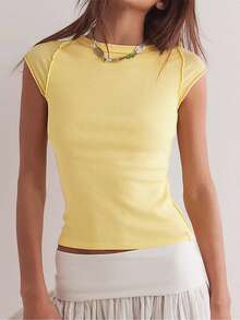 Women Rib Knit Cap Sleeve Crew Neck T-Shirts Casual Summer Slim Fitted Shirts Crop Tee Tops Holiday Beachwear Going Out Tops Party Clubwear Sportswear Tank Tops - 黃色 - 查看 2