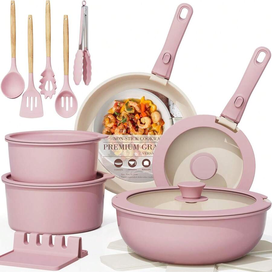 21 piezas Juego de ollas y sartenes antiadherentes, Juego de utensilios de cocina de cerámica con mangos desmontables, Juego de cocina para autocaravana con mangos extraíbles, Apto para horno, Apto para inducción, Apilable, Antiadherente, Color rosa - Rosa - Ver 1