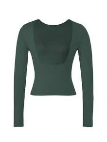 Vaiaye 女士长袖性感露背修身运动上衣，春夏款 - 墨綠色 - 查看 3