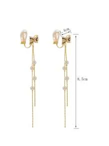 1 对水晶蝴蝶结仿珍珠流苏长夹式耳环，女士新款耳环，生日礼物