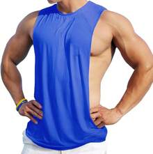 Men's Sleeveless Muscle Stringer Tank Top Cut Open Gym Training Bodybuilding Vest Shirts-2025 - Solid Blue - 查看 1