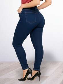 Pantalón skinny ajustado bolsas posteriores laterales talle alto ajuste perfecto botón metálico estilo casual sexy dulce ideal diario calle día noche bajo ajustado primavera verano - Azul lavado oscuro - Ver 3