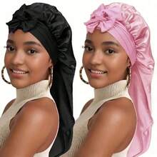 1pc Women's Pink Elastic Drawstring Long Satin Silk Hair Bonnet, Curly Hair Wrap, Suitable For Long Hair, Braids, Messy Buns, Curly Hair, Satin Hair Bonnet, Satin Bow Hair Bonnet - Multicolor - View 20