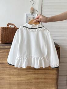 1pc Girls' Peter Pan Collar Floral Print Button Down Shirt, Cute & Sweet, Casual & Versatile - White - View 2