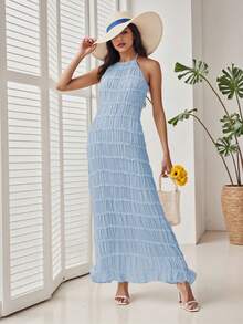 Women's Ruched Bodycon Long Dress Sleeveless Backless Solid Color Dress Cocktail Party Dress - Blue - View 4