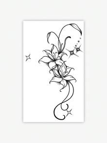 1pc Waterproof, Sweatproof, Washable Temporary Tattoo, Unique High-End Design Aesthetic, Dark-Themed Floral & Couple's Tattoo For Abdomen, Suitable For Users' Everyday Wear - Black - View 5