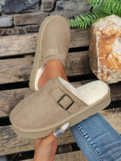 Women's Fluffy Faux Fur Lined Platform Slippers, Warm Bedroom Comfortable High Heel Slides, Closed Toe Indoor Outdoor Casual Flat Sandals