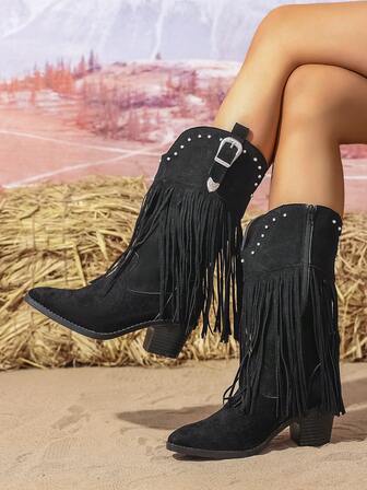 2025 Dam Höst/Vinter Nya Franska Stilar Tjocka Klackar Halkfria Fransdekorationer Spetsiga Höga Klackar, Enfärgade Eleganta Mode Damskor, Västerländsk Stil, Fest