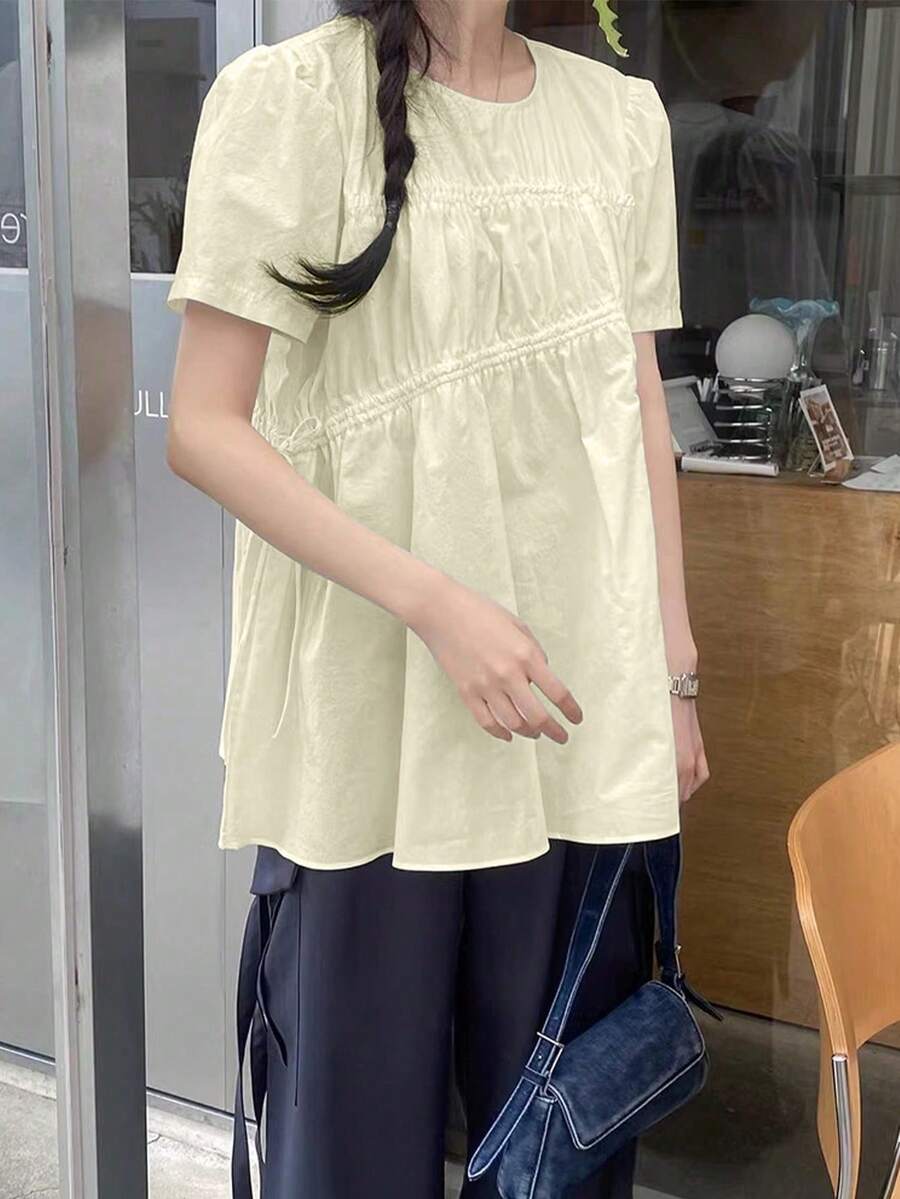 Áo kiểu Hàn Quốc mùa hè 2025, cổ tròn, có dây rút, thêu họa tiết dành cho nữ. - Màu be - Xem 1