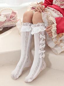 1 双女童蕾丝袜，可爱蝴蝶结和心形装饰中筒网眼袜，透气，洛丽塔风格时尚休闲柔软舒适运动百搭袜子，适合日常生活、旅行、度假、返校 - 白色 - 查看 3