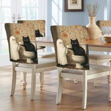 1 Stück/4 Stücke/6 Stücke/10 Stücke Halloween Katzen- & Geister-Muster Plüsch Stuhlbezug, abnehmbarer Kurzflor Stoff Stuhlüberzug, Rückenschutz für Stühle, geeignet für alle Jahreszeiten, Feiertags-Dekorationsstuhlbezug für Esszimmer, Wohnzimmer, Zuhause, mit Rückenschutz, passend für Esszimmer, Büro, Wohnzimmer, Hotel und Heimdekoration