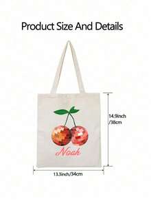 Personalized Cherry And Custom Name Pattern Printed Canvas Shoulder Bag, Large Tote Bag, Personalized Easter Tote Bag, Personalized Custom Name Tote Bag, Children'S Easter Basket, Easter Basket Gift, Custom Children'S Easter Name Basket, Easter Egg Hunt Bag, Personalized Letter Printed Storage Bag - Multicolor - View 3