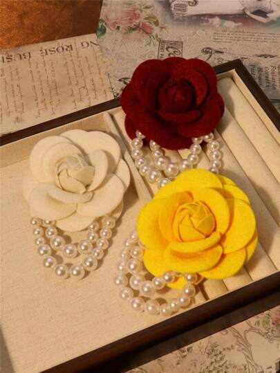 1pc Vintage Chic Fabric Camellia Brooch With Pearl Tassel Flower Shawl Clip Pin For Women, Great For Formal Dances, Weddings, Parties