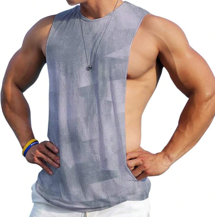 Men's Sleeveless Muscle Stringer Tank Top Cut Open Gym Training Bodybuilding Vest Shirts-2025 - 深灰色 - 查看 1