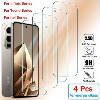 4 piezas de protector de pantalla de vidrio templado HD y transparente para teléfonos inteligentes Infinix, Spark, Camon, POVA, GO, POP, City (Modelos: 50, 40, 30, 20, 10, 9, 8, 7, 19, 18, 17, 16, 15, Plus, Pro) Protector de pantalla con cobertura completa y pegamento 2.5D