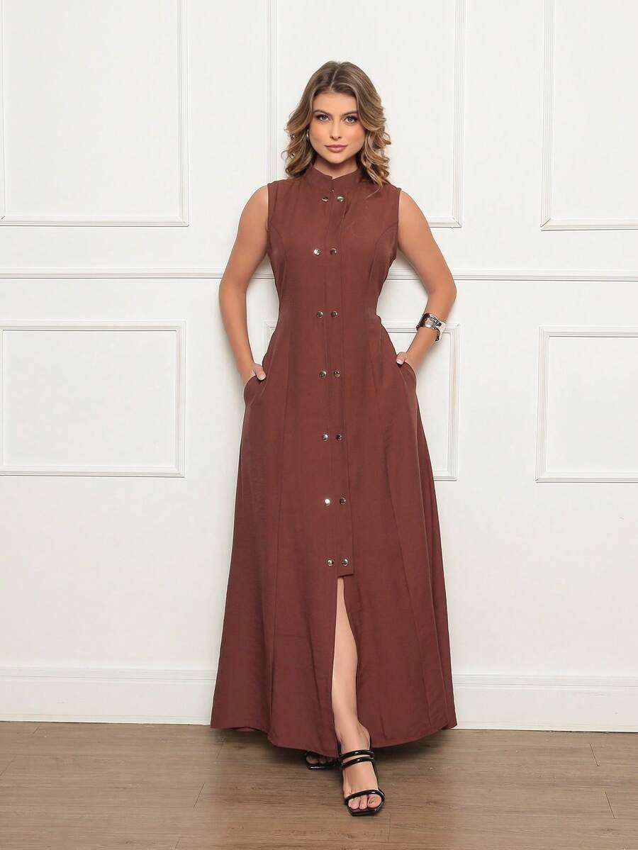 Long Samara Dress With Buttons And Pocket With Front Opening - 鏽棕色 - 查看 1