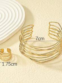 Set de 2 piezas de anillos asimétricos de línea geométrica exagerada y brazalete de estilo punk, adecuado para uso diario de mujeres, fiestas y reuniones